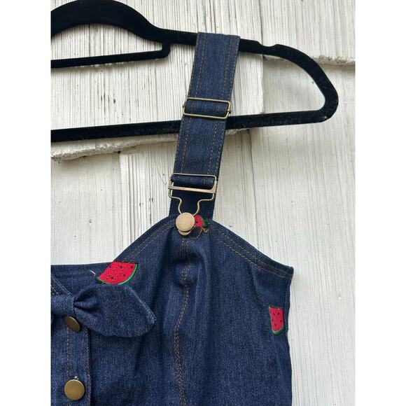 Unique‎ Vintage Denim Overall Dress Watermelon Embroidered Adjustable Strap Sz M - Picture 3 of 9